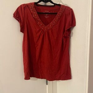 Sonoma Red Studded V-Neck Short Sleeve Top